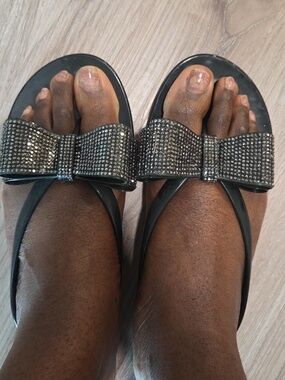INC International Concepts Black Rhinestone Bow Thong Sandals